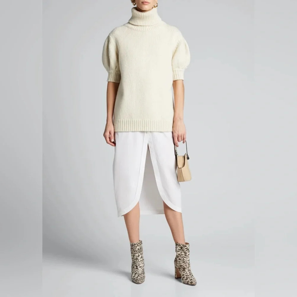 Adam Lippes Puff Sleeve Marled Ribbed Sweater XL Rich Cream Organic Cotton Wool